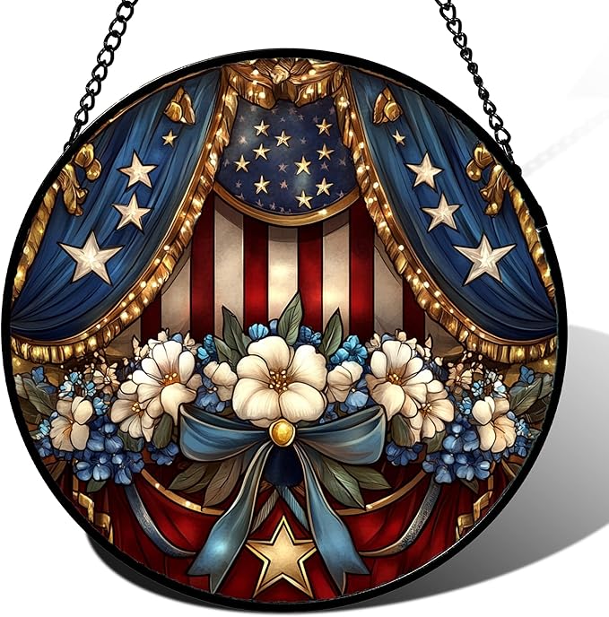 Stained Glass Window Hanging White Flower American Flag Element 7.8" - Suncatcher Door Garden Sun Catcher Home Decor Birthday Christmas for Mom Woman Friend Nana