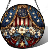 Stained Glass Window Hanging White Flower American Flag Element 9.8" - Suncatcher Door Garden Sun Catcher Home Decor Birthday Christmas for Mom Woman Friend Nana