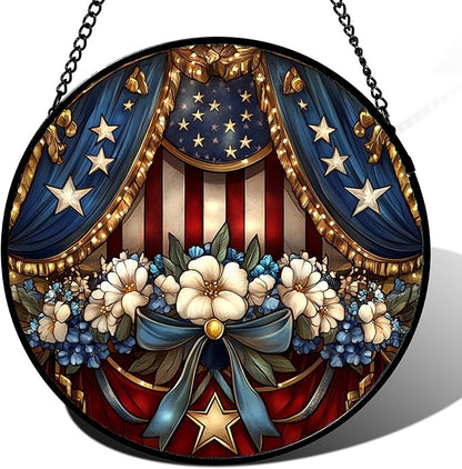 Stained Glass Window Hanging White Flower American Flag Element 9.8" - Suncatcher Door Garden Sun Catcher Home Decor Birthday Christmas for Mom Woman Friend Nana