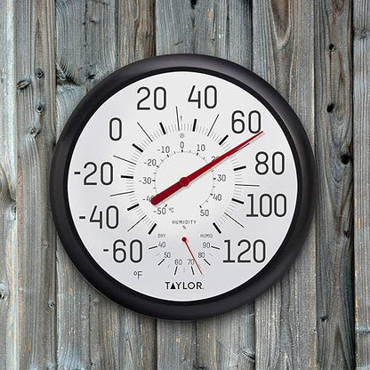 Taylor Wall Thermometer and Humidity Guide, Wireless Thermometer with Easy to Read Large Numbers for Patio, Pool, and Indoor Areas, 13.25-inch, Black