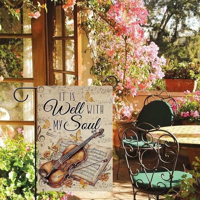 Dyrenson Inspirational It is Well with My Soul Decorative Garden Flag, Vintage Musical Yard Outside Home Decoration Music Lover Gift, Retro Violin Music Sheet Outdoor Small Decor Double Sided 12 x 18