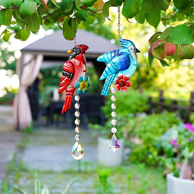 Cardinal and Blue Jay Suncatchers, Stained Glass Birds Hanging Ornament for Christmas Windows, Crystal Bird Sun Catcher Outdoor Decor