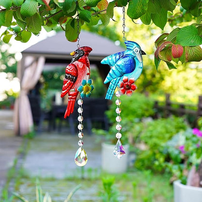Cardinal and Blue Jay Suncatchers, Stained Glass Birds Hanging Ornament for Christmas Windows, Crystal Bird Sun Catcher Outdoor Decor
