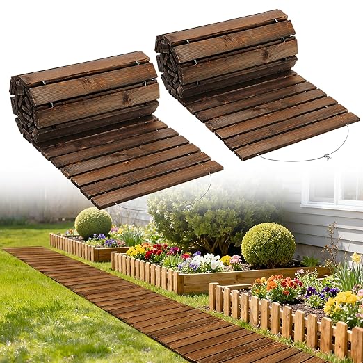 2pcs 8.2ft Wooden Garden Pathway - Weather Resistant Carbonized Pine Roll Out Decorative Walkway, Boardwalk Pathway Pavers for Outside Stepping Stones Outdoor Flooring Patio Pool Backyard (Brown)