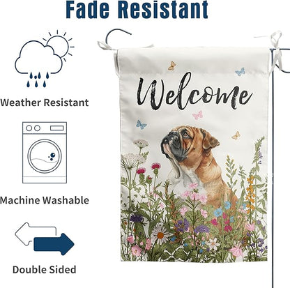 Spring Summer Garden Flag Floral English Bulldog Yard Flag Flower Dog Garden Flags for Outside Small Outdoor Welcome Flags 12x18 Double Sided
