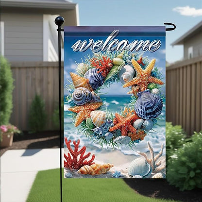 Spring Summer Garden Flag 12x18 Inch Coastal Welcome Seashell Starfish Coral Wreath Ocean Beach Design Outdoor Yard Porch Lawn for Seasonal Nautical Home Decor