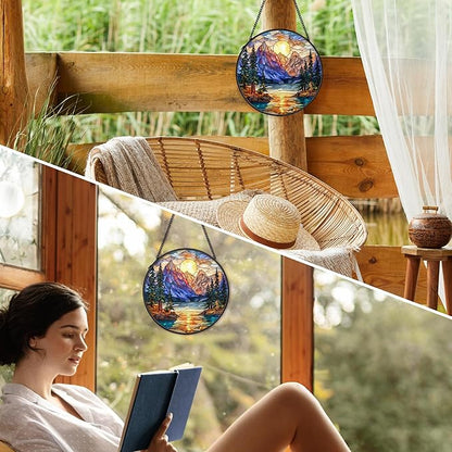 Mountain Forest Sunrise Suncatcher Stained Glass Window Hanging Decor, Camping Nature Landscape Stained Glass Wall Decor, Mountain Garden Sun Catchers Indoor Window Hanging Wall Art, 7.9x7.9In