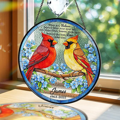 Personalized Cardinal Stained Glass Suncatcher Memorial, Custom Red & Yellow Cardinals Window Hanging with Crystal, Sympathy Gifts for Loss of Loved One, Memorial Day for Mom, Dad, Grandparent