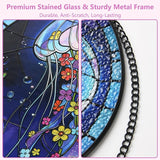 Stained Glass Window Hanging, Blue Jellyfish & Flowers Circular Painted Glass Suncatcher with Chain & Suction Cup for Home Garden Door Decor, Birthday for Women Men Mom 7.8 in