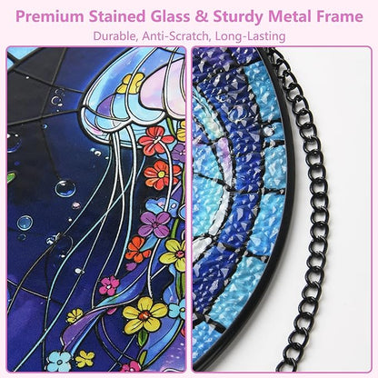 Stained Glass Window Hanging, Blue Jellyfish & Flowers Circular Painted Glass Suncatcher with Chain & Suction Cup for Home Garden Door Decor, Birthday for Women Men Mom 7.8 in