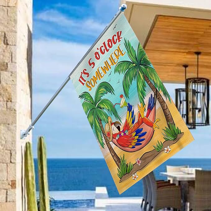 Welcome Summer Parrot Bird Decorative House Flag, It's 5 O'clock Somewhere Beach Coastal Tropical Palm Tree Garden Yard Outside Decorations, Hawaii Nautical Outdoor Large Home Decor 28 x 40