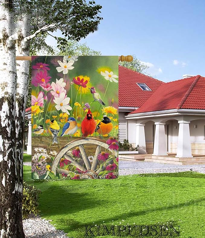 Spring Hummingbirds House Flag 28 x 40 Double Sided, Flower Birds Decorative Garden Flags for Anniversary Yard Outside Seasonal Decoration