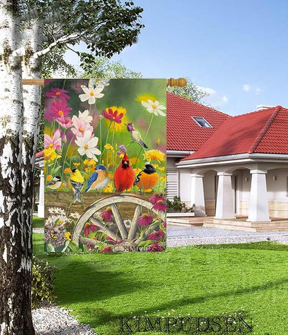Spring Hummingbirds House Flag 28 x 40 Double Sided, Flower Birds Decorative Garden Flags for Anniversary Yard Outside Seasonal Decoration