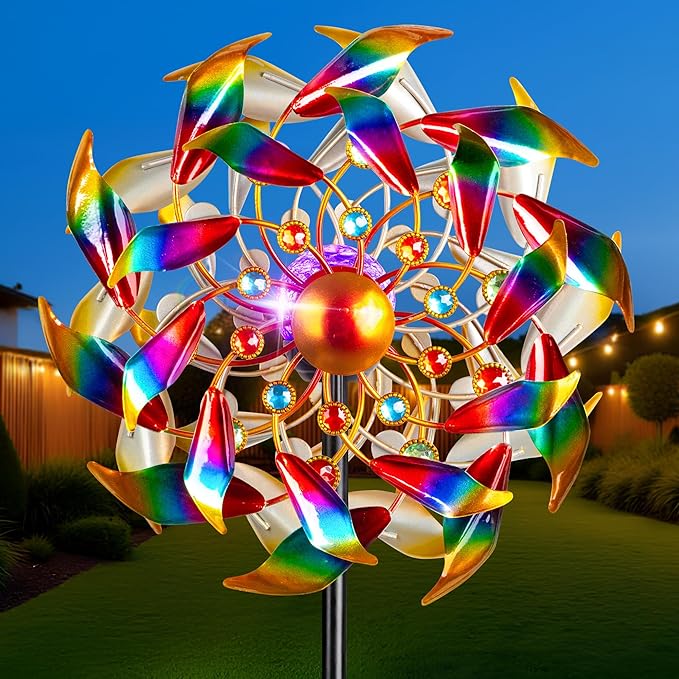 54" H Solar Wind Spinner Outdoor Metal Garden Decor - Kinetic Windmill Yard Art with Color-Changing LED Lights & Sparkling Gemstone - Waterproof Solar Pathway Lights for Lawn, Patio & Garden Gifts