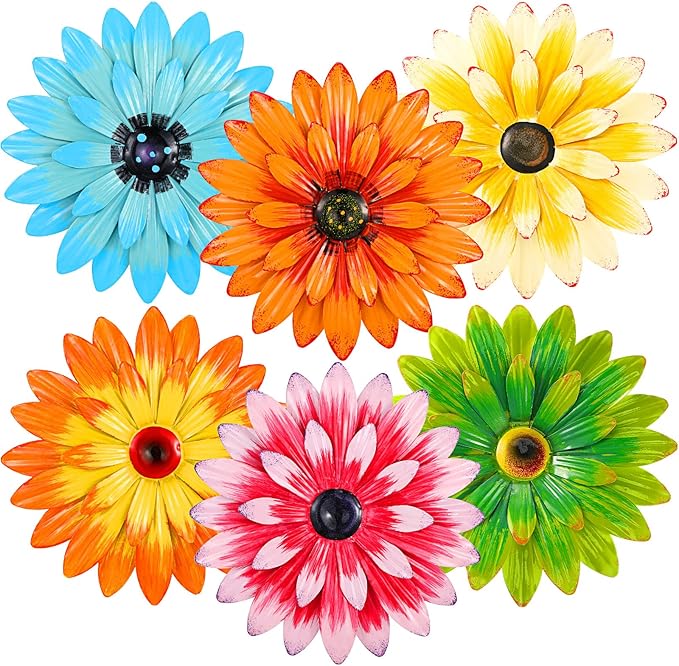 Photect 6 Pcs Metal Flowers Wall Decor Hanging Outdoor Metal Daisy Wall Art Decorations Multiple Layer 3D Daisy Flowers for Garden Farmhouse, 8 Inch(Classic Color)