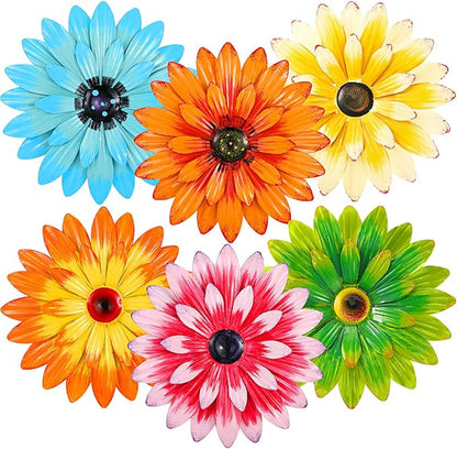 Photect 6 Pcs Metal Flowers Wall Decor Hanging Outdoor Metal Daisy Wall Art Decorations Multiple Layer 3D Daisy Flowers for Garden Farmhouse, 8 Inch(Classic Color)