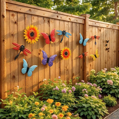 Pumtus 9 Pack Metal Sunflowers Wall Decor, Garden Flower Wall Art Decorations, Outdoor Butterfly Dragonfly Hanging Patio Decor, Yard Floral Fence Sculptures for Indoor Outside Living Room Bedroom