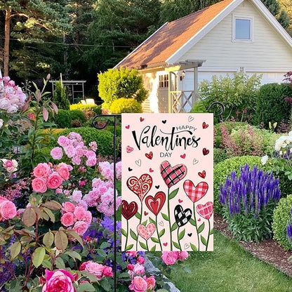 Happy Valentines Day Garden Flag Love Heart Floral Banner 12x18 Inch Double Sided for Outside Spring Holiday Anniversary Yard Decorative