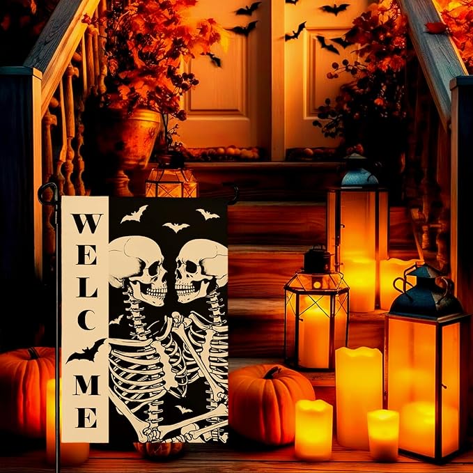 Halloween Welcome Skull Garden Flag Spooky Skeletons Funny Black White Yard Garden Flags Double Sided for Outside Fall Porch Patio Farmhouse Outdoor Decorations 12 x 18 Inch