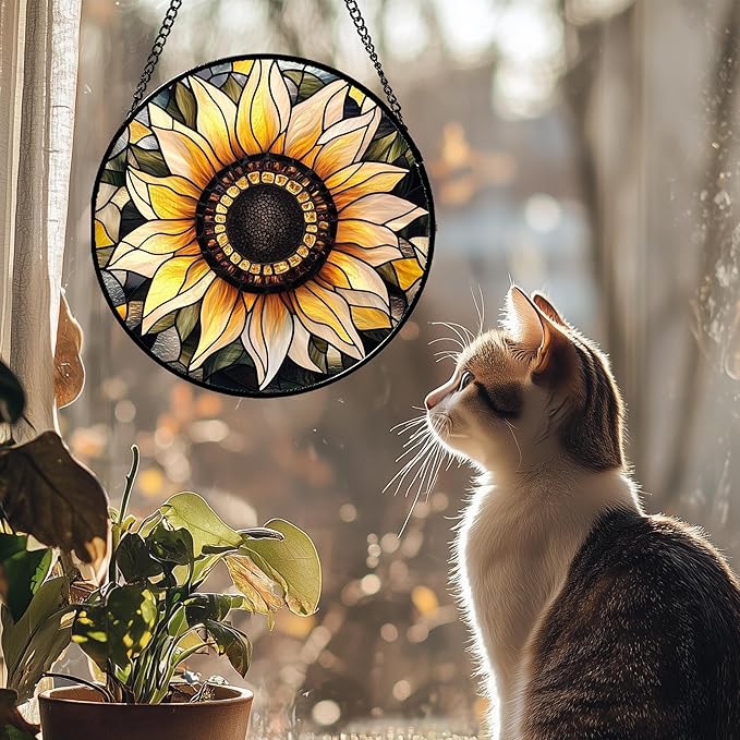 Stained Glass Window Hanging - Sunflower Suncatcher for Door Garden Patio Retro Flower Sun Catchers Decor Christmas Mother's Day Birthday Gifts for Women Mom Nana Friend Wife 15 in
