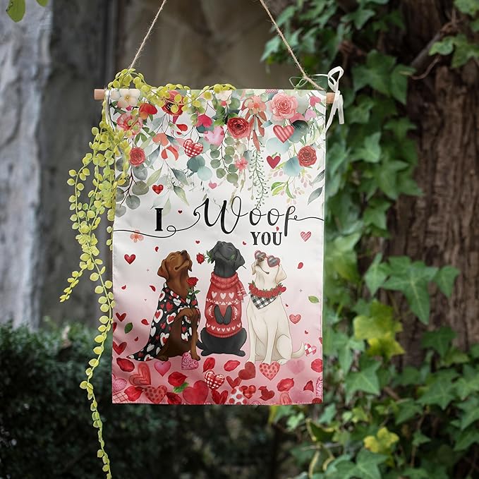Dog Valentine Garden Flag Valentines Day Decor Black Lab Gifts for Women White Chocolate Labrador Yard Signs for Outside 12x18 Double Sided I Woof You Love Heart Banner