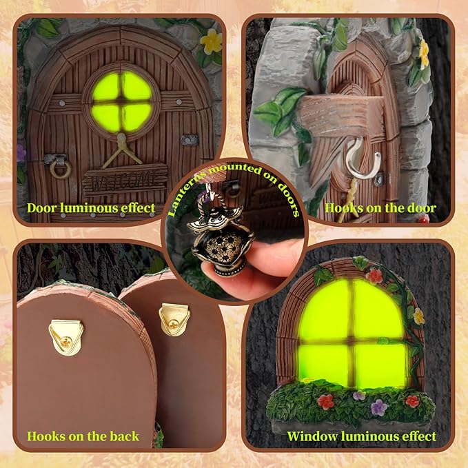 Exasinine 6 Pcs Fairy Door and Windows for Trees Glow in The Dark Fairy Doors Miniature Fairy Garden Accessories for Wall Tree Fairy Garden Outdoor Decor with Tree Stump, 2 Fairy Lanterns