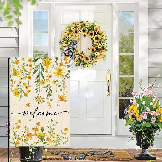 Baccessor Summer Welcome Garden Flag Floral 12.5 x 18 Inch Double Sided Daisy Funny Yellow Spring Seasonal Yard Flag Vertical Farmhouse Yard Outdoor Decoration