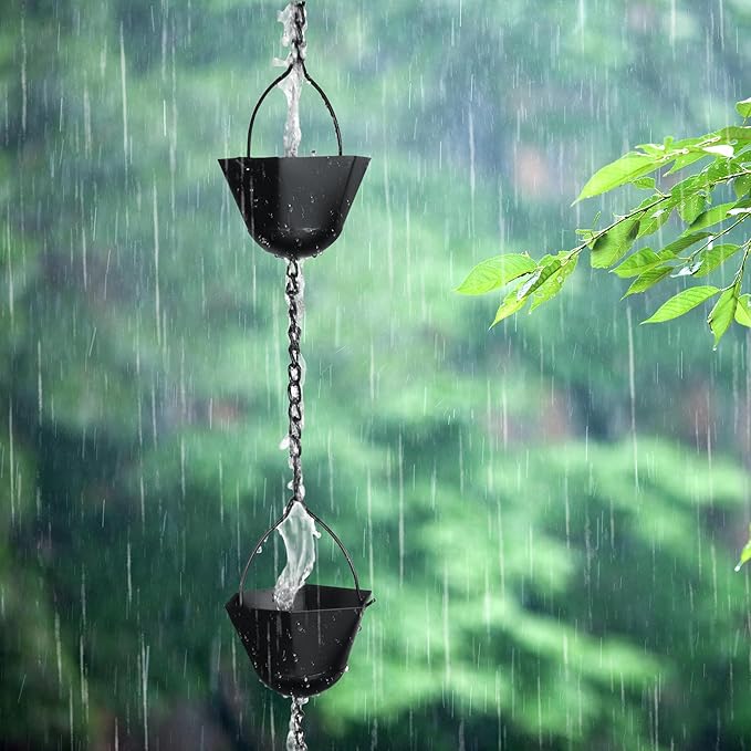 Invech 12.5FT Adjustable Rain Chains for Gutters, Outside Rain Catcher Chain with 12 Cups for Eaves Drainage, Replacement for Downpout (Black)