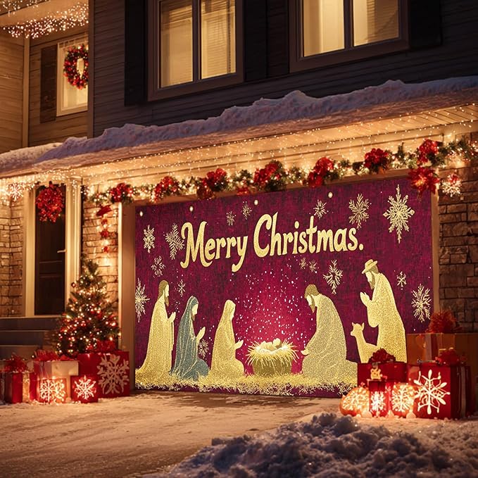 HOMETITUTE Merry Christmas Garage Door Banner 13x6ft Golden Glitter Nativity Scene Theme Backdrop Holiday Decor Winter Door Cover Banners for Outside Garage Wall Covering for Party Garage Decorations