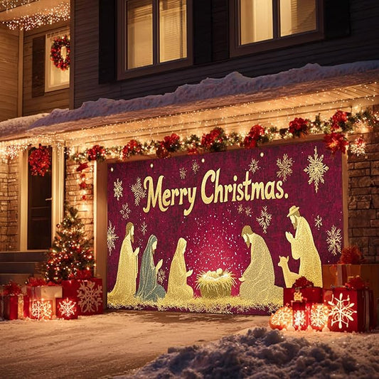 HOMETITUTE Merry Christmas Garage Door Banner 13x6ft Golden Glitter Nativity Scene Theme Backdrop Holiday Decor Winter Door Cover Banners for Outside Garage Wall Covering for Party Garage Decorations