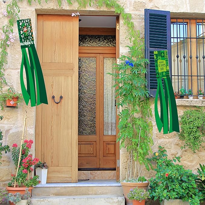 2PCS 40'' St. Patrick's Day Windsocks, Shamrock Wind Sock Flag Outdoor Decor, Saint Patrick's Day Holiday Hanging Flag for Yard Garden Patio Porch (Green)