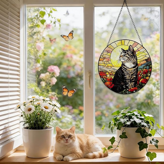 Stained Glass Window Hanging, 8 Inch Tabby Cat Suncatcher, Sun Catchers Indoor Window Ornaments, Suncatchers for Windows Hanging, Spring Home Garden Decor Panel Cat Lovers Gifts for Mom Grandma Wife