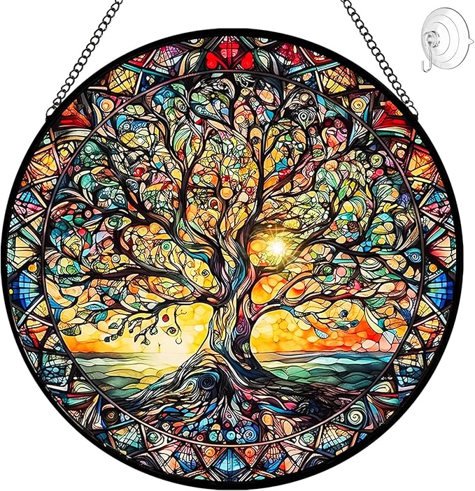 Tree of Life Suncatcher Stained Glass Window Hanging - 8″ Handmade Sun Catchers Indoor Window Catcher Suncatchers for Windows Garden -Wall Art Home Decor Panel Mothers Day Birthday Gift for Mom Women