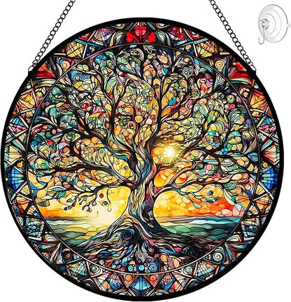 Tree of Life Suncatcher Stained Glass Window Hanging - 8″ Handmade Sun Catchers Indoor Window Catcher Suncatchers for Windows Garden -Wall Art Home Decor Panel Mothers Day Birthday Gift for Mom Women