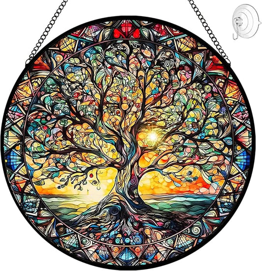 Tree of Life Suncatcher Stained Glass Window Hanging - 8″ Handmade Sun Catchers Indoor Window Catcher Suncatchers for Windows Garden -Wall Art Home Decor Panel Mothers Day Birthday Gift for Mom Women