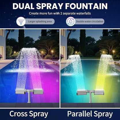 Swimming-Pool Waterfall Fountain w/Colorful Led-Lights - 7 Color Changing Above/Inground Pool Fountain Lights with Remote, Water Sprinkler Adjustable Height Pool Sprayer for Outdoor Yard Decoration