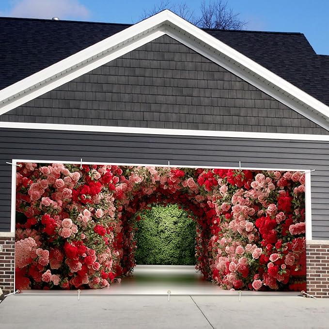16x7ft Flower Tunnel Arch Garage Door Banner - Colorful Blossom Pathway Backdrop, Large Hanging 2 cars Garage Decorations - for Spring Garden Party & Wedding Valentines Welcome Background Sign, Outdoor Decor
