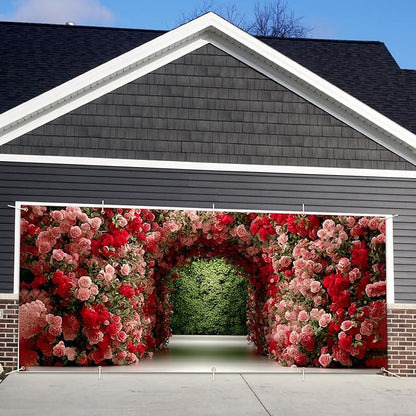 16x7ft Flower Tunnel Arch Garage Door Banner - Colorful Blossom Pathway Backdrop, Large Hanging 2 cars Garage Decorations - for Spring Garden Party & Wedding Valentines Welcome Background Sign, Outdoor Decor
