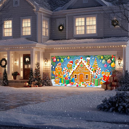 IVN Merry Christmas Garage Door Banner 13x6ft Festive Backdrop Gingerbread House Photo Prop Background for Joyful Holiday Yard Door Cover Background Outdoor Winter Scene