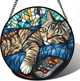 DASTOLL Stained Glass Window Hanging Gray Cat and Remote Control 9.8" - Suncatcher Door Garden Kitchen Sun Catcher Home Decor Birthday for Lost Pets Mom Men Woman Friend Grandma