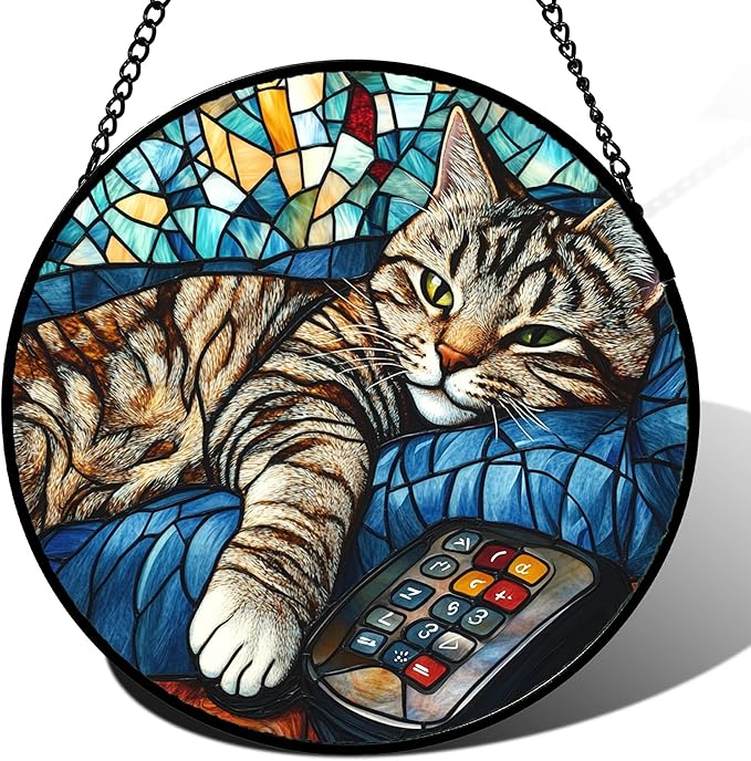 DASTOLL Stained Glass Window Hanging Gray Cat and Remote Control Large 15" - Suncatcher Door Garden Kitchen Sun Catcher Home Decor Birthday for Lost Pets Mom Men Woman Friend Grandma