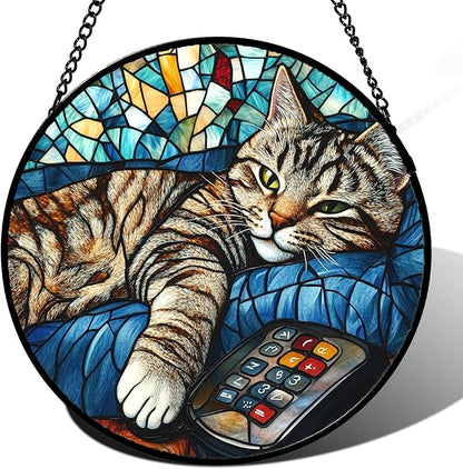 DASTOLL Stained Glass Window Hanging Gray Cat and Remote Control Large 15" - Suncatcher Door Garden Kitchen Sun Catcher Home Decor Birthday for Lost Pets Mom Men Woman Friend Grandma