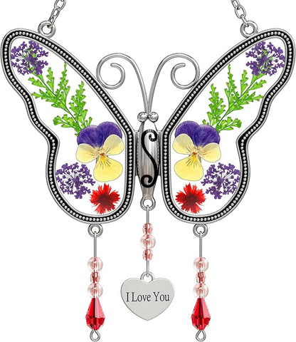 KY&BOSAM Suncatcher Butterfly Stained Glass Love Suncatchers Ornament hangings for Windows Wind Chime with Pressed Dried Flower Wings Embedded in Glass for Mom Birthdays Christmas
