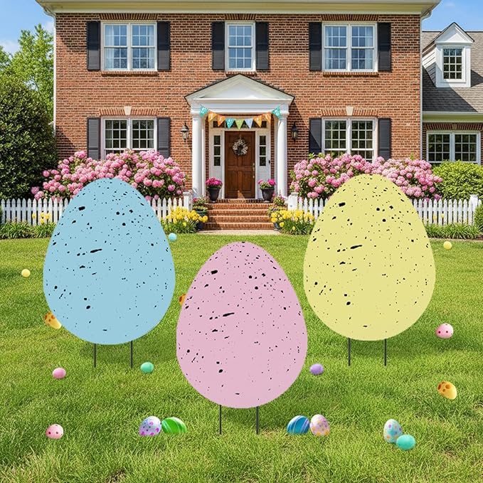 DoubleFill 3 Pcs Easter Decorations Outdoor 3D Metal Easter Eggs Tulip Yard Signs Decorative Garden Stakes Eggs Bunny Lawn Decorations Yard Decor for Spring Lawn Pathway Garden (Spotted Style)