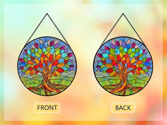 Stained Glass Window Hangings, Tree of Life with Hummingbird Suncatchers for Window, Treasured Gift for Mom, Grandma, Family and Friends (Colorful, 6.7x6.7 in)