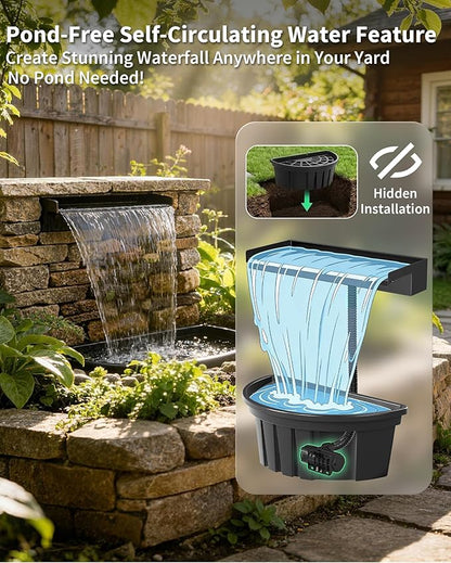 POPOSOAP 24inch Pond Waterfall Spillway with Filter Box & 1600GPH Pump, Self-Circulating Water Feature with LED Lights, Pondless Waterfall for Garden Backyard Courtyard Landscape Decoration-P7665