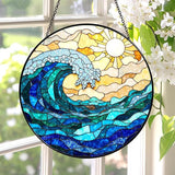 Stained Glass Window Hanging Sun Catcher 7.8 in, Ocean Wave Glass Panel Suncatcher for Indoor Window Decor, Coastal Home Beach Decor Gift for Women, Men, Wife, and Mom