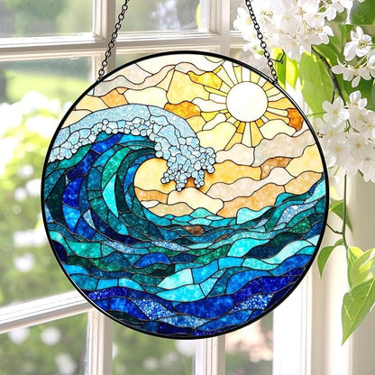 Stained Glass Window Hanging Sun Catcher 7.8 in, Ocean Wave Glass Panel Suncatcher for Indoor Window Decor, Coastal Home Beach Decor Gift for Women, Men, Wife, and Mom
