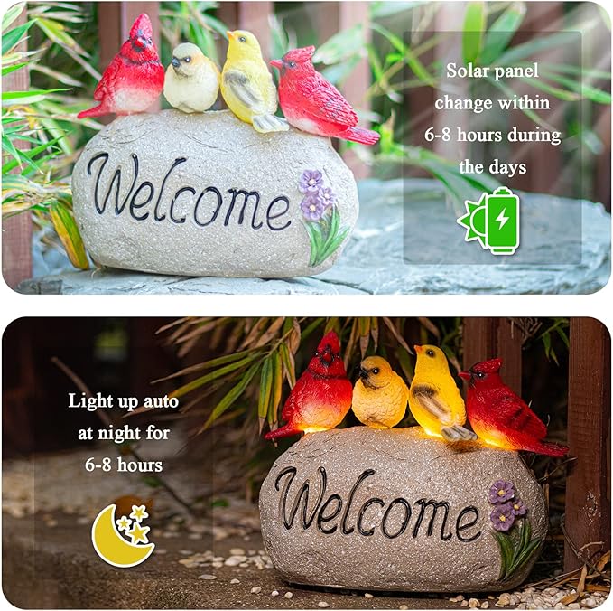 Solar Garden Statues Outdoor Decor, Welcome Sign Garden Sculptures Statue Novelty Birds Figurine Decoration for Patio Yard Porch Art Home Decor