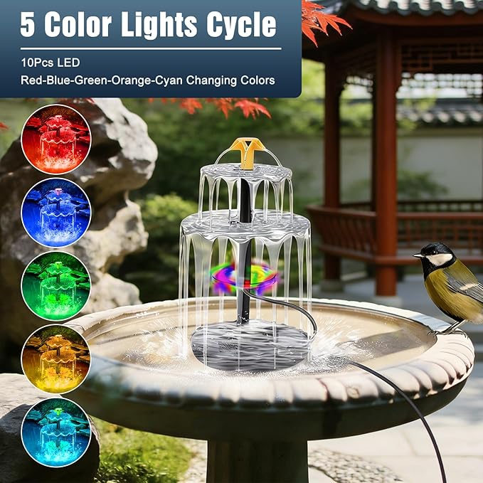 3-Tier Solar Fountain for Bird Bath, Solar Water Pump Waterfall Feature with Colorful Light 3 Nozzles 6W Solar Panel for Bird Bath, Yard Garden Decoration Garden, Outdoor Bird Feeder